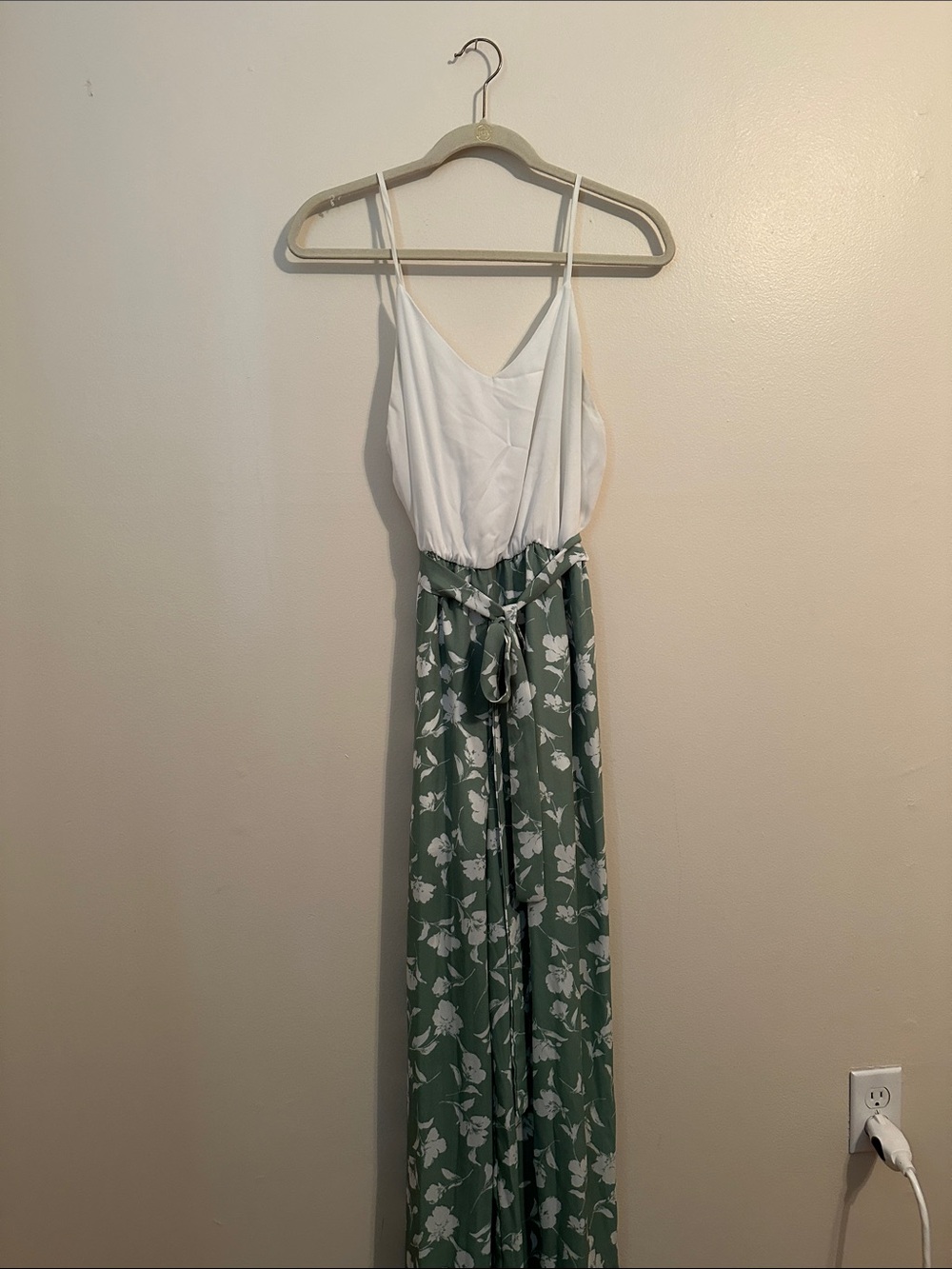 Francesca’s White/ Sage Floral Jumpsuit